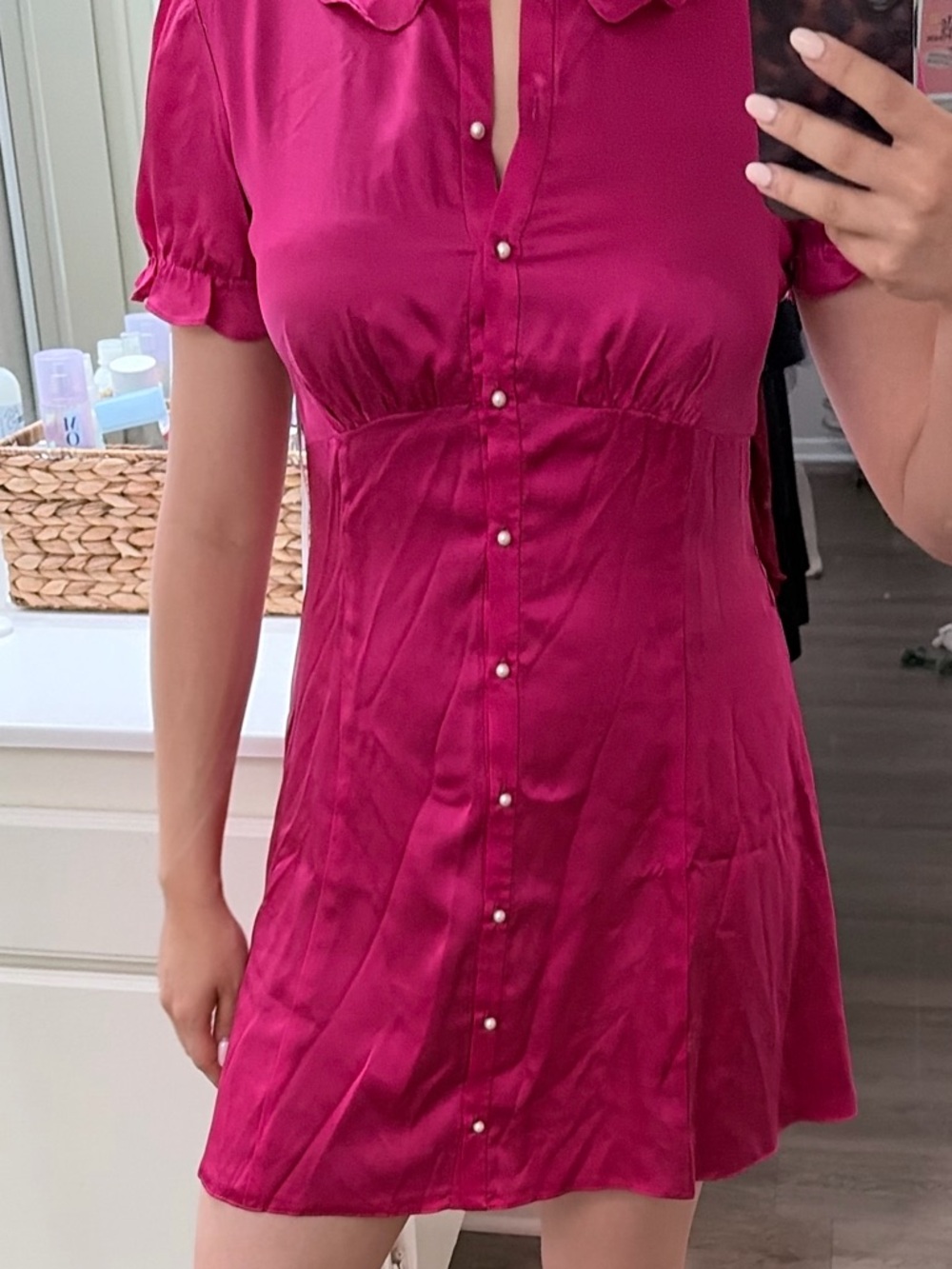 Amanda Uprichard Women's Magenta Pearl Button-Front Short Sleeve Silk Dress